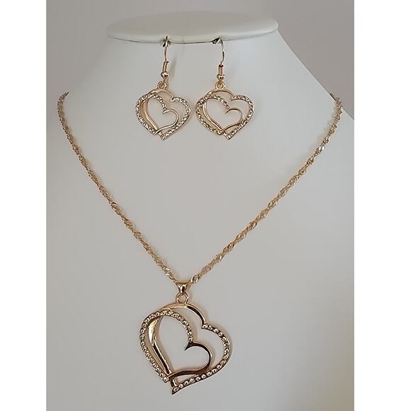 Double Heart Pendant Necklace and Earrings Set Rhinestones on Gold Tone Metal - Picture 1 of 3